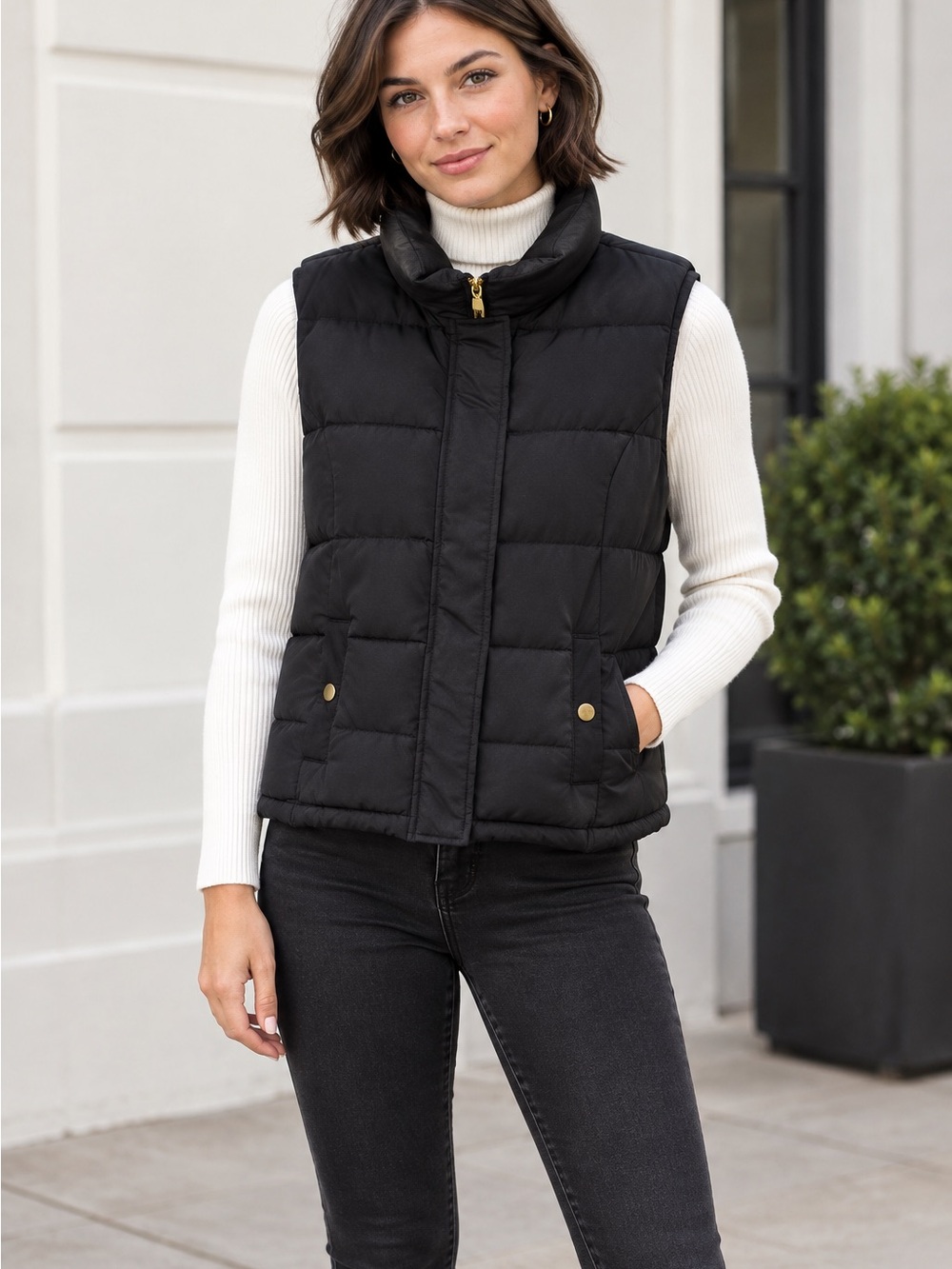 Charter Club Black Quilted Puffer Vest with Gold Hardware